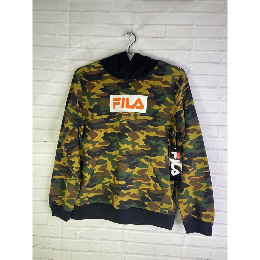 Fila Logo Camo Camouflage Long Sleeve Pullover Hoodie Boys Size M 10-12 NEW